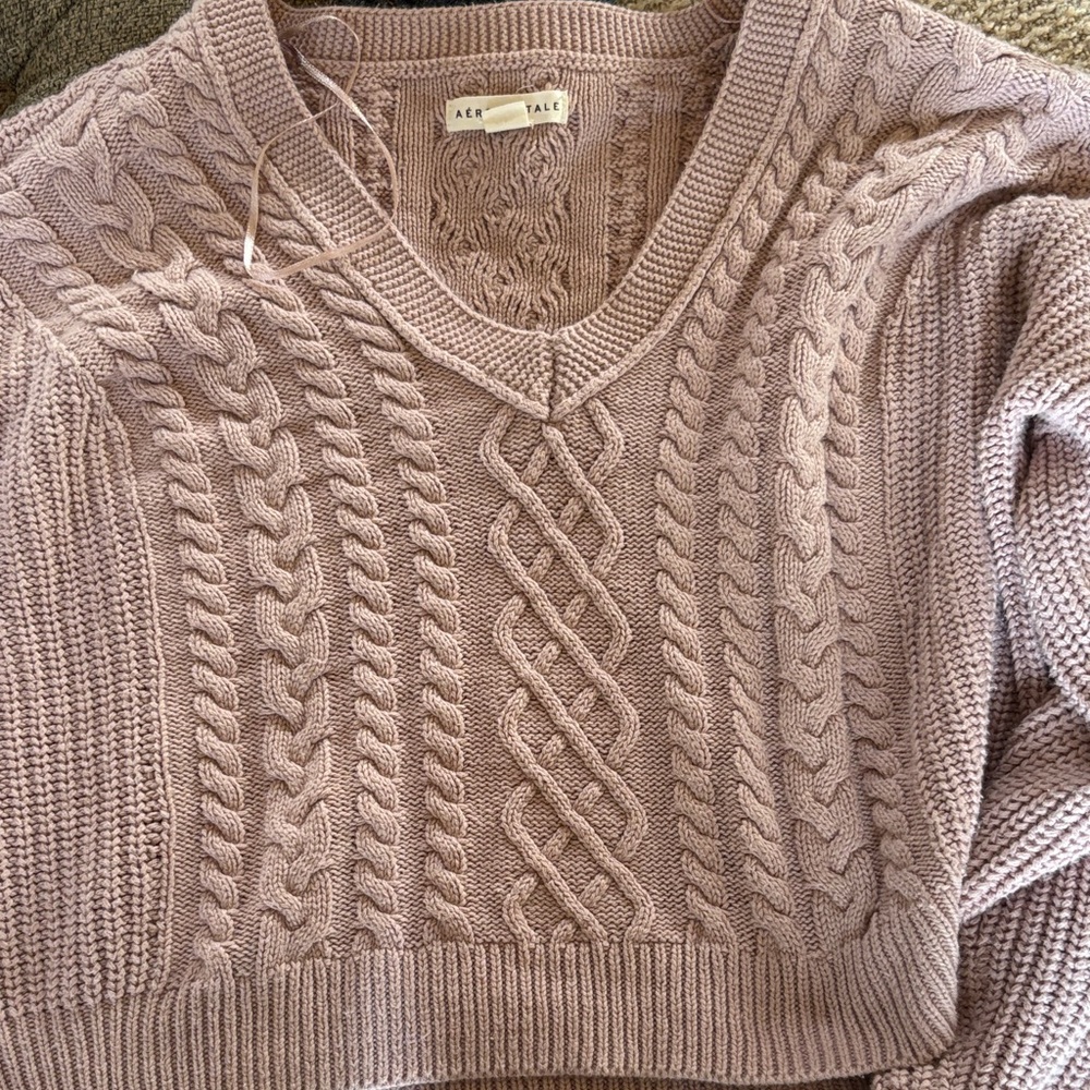 Aeropostale Women's V-Neck Cable Knit Sweater - Mauve
